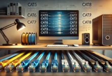 Various Ethernet cable types neatly arranged on a desk.