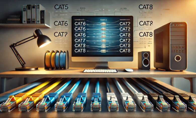 Various Ethernet cable types neatly arranged on a desk.