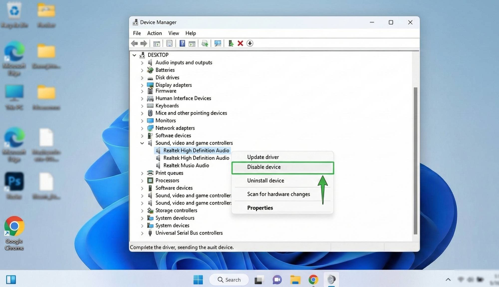 Windows Device Manager showing how to right-click on Realtek Audio driver and select 'Disable device' to fix YouTube Audio Renderer Error.
