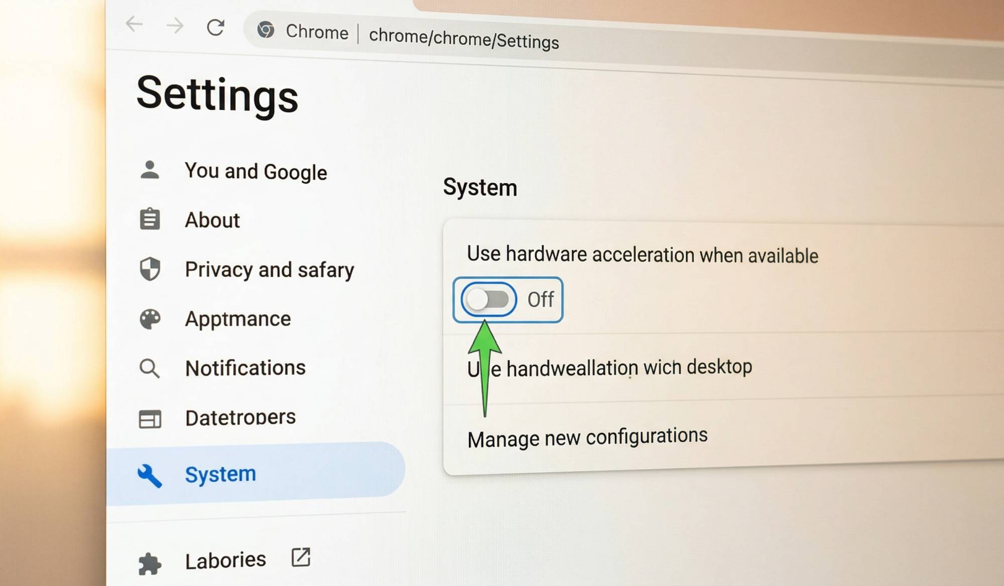 Google Chrome settings screenshot showing how to toggle off 'Use hardware acceleration when available' to fix YouTube Audio Renderer Error.