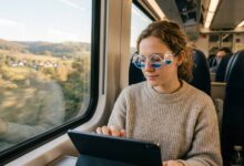 A young woman wearing liquid-filled motion sickness glasses while looking at a tablet during a car ride.