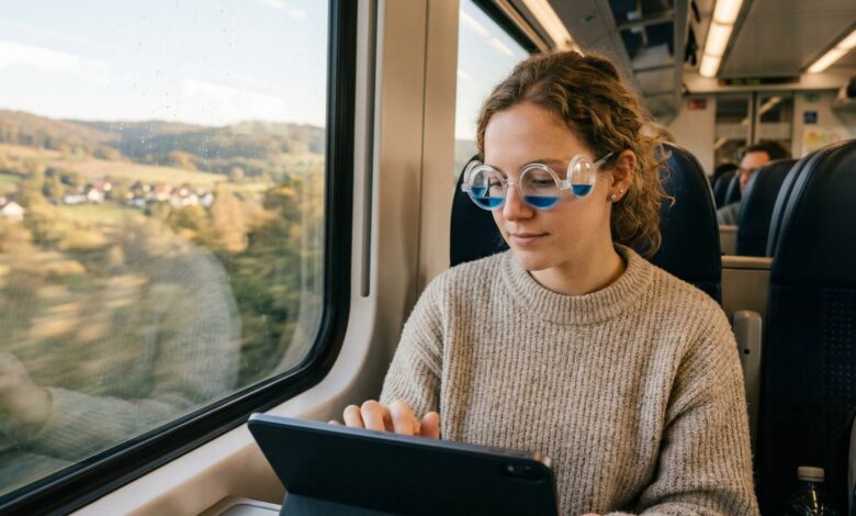 A young woman wearing liquid-filled motion sickness glasses while looking at a tablet during a car ride.