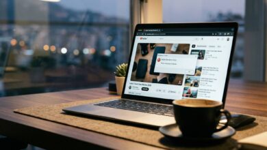 photo of a laptop screen displaying the YouTube Audio Renderer Error message on a dim workspace desk, next to a coffee cup and headphones.