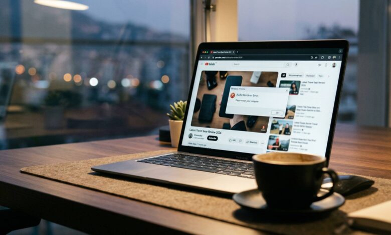 photo of a laptop screen displaying the YouTube Audio Renderer Error message on a dim workspace desk, next to a coffee cup and headphones.