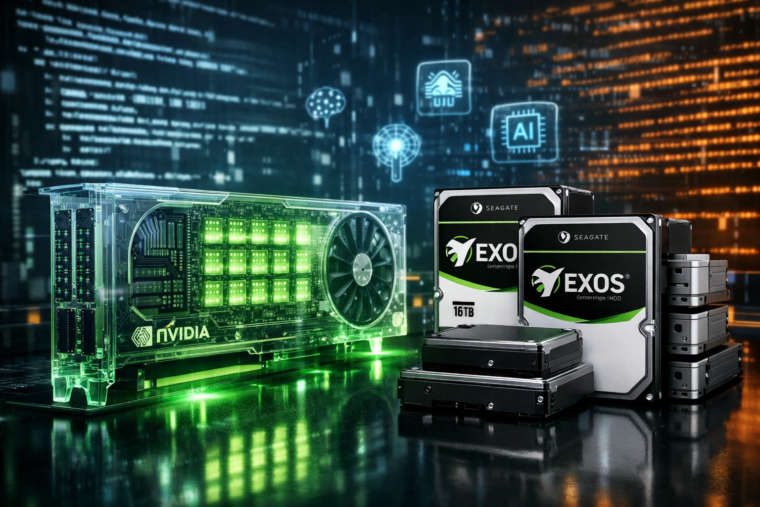 Professional AI video production workstation featuring NVIDIA Tensor Core GPUs and Seagate Exos enterprise storage drives for local LLM inference.